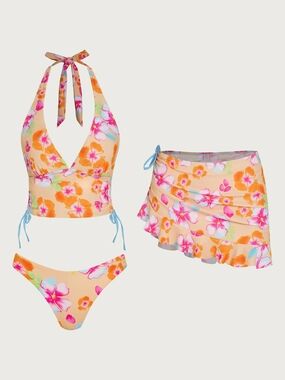 SAMIOL Floral Halter Tankini & Skirt Swim Set - Peach Pink